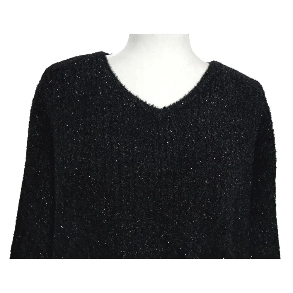 Carducci 2‎ Sweater Womens 2X Black Vintage Shimmer V-Neck Long Sleeve Knit